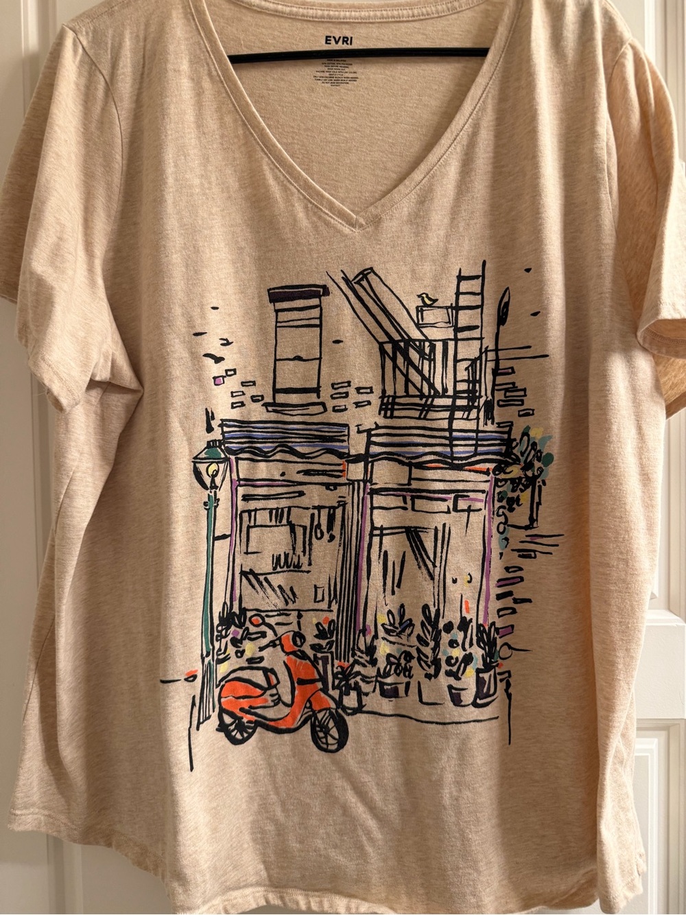 Graphic Tee with Orange Scooter and Multicolor Sketch Print